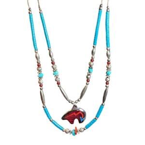 SSL Sterling Silver Turquoise Coral Inlay Bear Necklace Southwest Double Strand